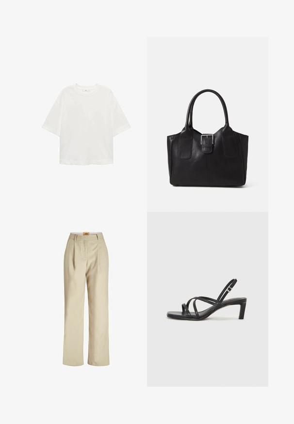 Bílé tričko s krátkým rukávem a kulatým výstřihem, volný střih, vyrobené z měkkého materiálu. Bez vzorů nebo akcentů, s klasickým lemem.; Beige široké kalhoty vyrobené z lehkého materiálu. Mají přední skladby, hladký pas a štítek uvnitř pasu.; Černé sandály na tenkém podpatku se čtveratou špičkou a nízkým blokovým podpatkem. Mají několik tenkých popruhů a nastavitelné zapínání okolo kotníku. Vyrobeny z hladké kůže.; Černá kožená tote taška s hladkým povrchem, strukturovaným tvarem, dvěma uchy a výrazným stříbrným detailem s přezkou na přední straně.