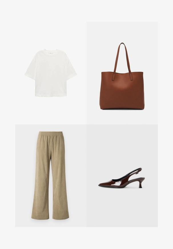 Tricou alb cu mânecă scurtă, guler rotund, croială lejeră, fabricat dintr-un material moale. Fără modele sau accente, având o linie de tiv standard.; Pantaloni largi din corduroy bej, cu talie elastică, având textură verticală ribbed și o croială lejeră. Ideali pentru ținute casual.; Pantofii slingback din piele patent maro, cu vârful ascuțit și un toc moderat. Prezintă o curea cu prindere pentru o potrivire sigură. Textură netedă.; Geantă de umăr din piele maro cu o textură netedă, design cu vârf deschis și două curele pentru umăr. Prezintă cusături minime și fără componente metalice vizibile.