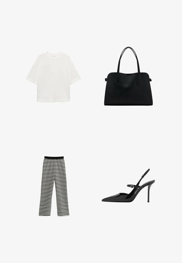 White short-sleeve t-shirt with a round neck, relaxed fit, made of soft fabric. No patterns or accents, featuring a standard hemline.; Black and white striped pants with a wide-leg design, featuring an elastic waistband for comfort and a textured knit fabric.; Black patent leather slingback high heels with a pointed toe, adjustable strap, and stiletto heel. Smooth surface with shiny finish.; Black leather handbag with dual shoulder straps, rectangular shape, and minimalistic design on a white background.