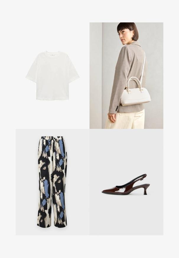 Bijela majica kratkih rukava s okruglim izrezom, ležernog kroja, izrađena od mekanog materijala. Bez uzoraka ili dodataka, s klasičnom rubnom završetkom.; Udobne, printane hlače u kombinaciji krem, crne i plave boje s teksturiranim, apstraktnim uzorkom. Imaju elastičnu struk i vezicu.; Smeđe patentne kožne cipele s otvorenom petom, špicastim vrhom i umjerenom petom. Imaju remen s kopčom za sigurno pristajanje. Glatka tekstura.; Bijela strukturna torba s kratkim ručkama i remenom za rame, s zlatnim metalnim detaljima i teksturiranim materijalom, prikazana na sivoj pozadini.