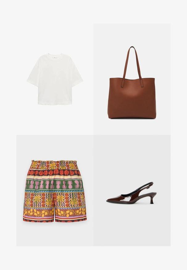 Tricou alb cu mânecă scurtă, guler rotund, croială lejeră, fabricat dintr-un material moale. Fără modele sau accente, având o linie de tiv standard.; Șorturi cu modele multiple, prezentând o combinație de culori strălucitoare, inclusiv roșu, galben, verde și roz, cu un talie elastică și motive tropicale variate.; Pantofii slingback din piele patent maro, cu vârful ascuțit și un toc moderat. Prezintă o curea cu prindere pentru o potrivire sigură. Textură netedă.; Geantă de umăr din piele maro cu o textură netedă, design cu vârf deschis și două curele pentru umăr. Prezintă cusături minime și fără componente metalice vizibile.