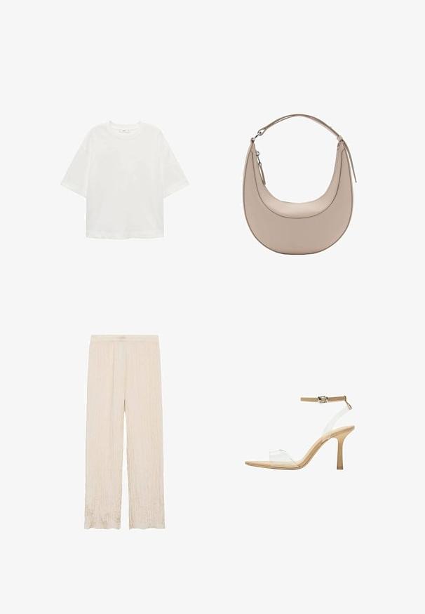 Bijela majica kratkih rukava s okruglim izrezom, ležernog kroja, izrađena od mekanog materijala. Bez uzoraka ili dodataka, s klasičnom rubnom završetkom.; Svijetlosmeđe plisirane hlače s elastičnim pojasom, s širokim nogavicama i mekanim, teksturiranim završetkom.; Sandal s prozirnim potplatom i prozirnim gornjim dijelom, bež uloškom i tankim remenom oko gležnja. Ima špicasti vrh i tanak visoki potplat.; Bež kožna torba za rame u obliku polumjeseca, glatke teksture i s jednim zakrivljenim ručkom. Sadrži zatvor na zip i uredno šivenje.