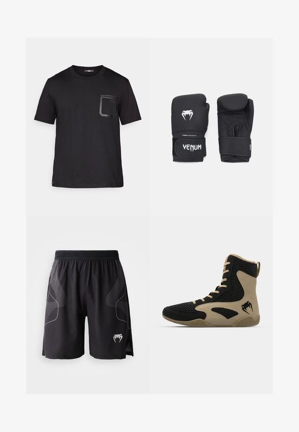 Melnā īsajiem piedurknēm T-krekls, izgatavots no kokvilnas ar smalku tekstūru. Iekļauts priekšējais kabata ar taisnstūra dizainu un logo detaļu.; Melni sporta šorti ar teksturētām sānu paneļiem, elastīgu jostu un balto iekostu čūskas logo apakšējā kreisajā kājā.; Augstas augšas sporta apavi ar melnu sietiņu ārpusi un bežām akcentiem. Strukturēta gumijas zole un logo detalizācija sānos.; Melnas boksa cimdi ar gludu virsmu, ar baltu "Venom" logo un regulējamu stiprinājumu ar āķi un cilpu, nodrošinot drošu piegulšanu.