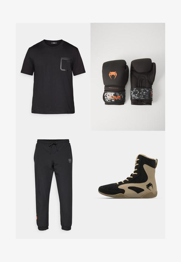 Tricou negru cu mânecă scurtă, realizat din bumbac, cu o textură subtilă. Prezintă un buzunar frontal cu un design rectangular și detalii cu logo.; Pantaloni jogger negri, din material ușor, având un tiv elastic cu șnur, picioare conice și accente cu logo pe partea din față.; Pantofă sport de tip high-top cu un exterior din plasă neagră și accente bej. Talpă din cauciuc texturat și detaliu logo pe lateral.; Mănuși de box negre cu un finisaj mat și design ergonomic. Detalii cu logo portocaliu și curele pentru încheietură cu model de camuflaj.