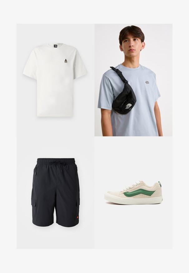 Balta medvilninė marškinėliai su mažo, siuvinėto butelio grafinu kairėje krūtinės pusėje. Klasikinis apvalus kaklas ir trumpomis rankovėmis.; Juodi cargo šortai su elastine juosmeniu ir raišteliu, su šoninėmis kišenėmis su užtrauktukais ir kišene ant šlaunies.; Bežiniai zomšiniai sportbačiai su žaliais odiniais akcentais, apvaliu pirštu, baltais raiščiais ir tekstūruotais detalėmis šonuose. Matoma guminė padas.; Juodas nailoninis per petį dėklas su reguliuojamu dirželiu, išryškintu baltu logotipu. Nešiojamas ant šviesiai mėlynos marškinėlių. Paprastas, funkcionalus dizainas.