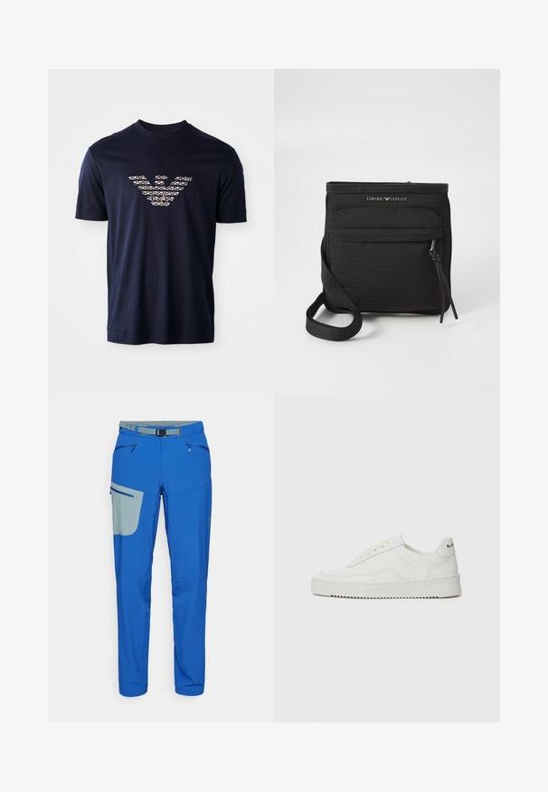 Laivaston värinen puuvillapaita, jossa on grafiikkana vaaleanbeige ja valkoinen kotka-logo, pyöreä kaula-aukko, lyhyet hihat ja rento istuvuus.; Siniset ulkoiluhousut, joissa on vaaleanharmaa koristereikä, varustettu vetoketjullisilla taskuilla, säädettävä vyötärö ja kapenevat lahkeet.; Valkoinen nahkakenkä, jossa on sileä pinta, pyöreä kärki, tasaiset nauhat ja teksturoitu pohja. Sisältää huomaamattoman logon kantapäässä.; Musta Emporio Armani olkalaukku etutaskulla, säädettävällä hihnalla ja logo-yksityiskohdalla purrtussa kankaan pinnassa.