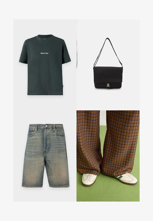 T-shirt en coton vert foncé avec un col rond, des manches courtes et un texte brodé blanc "Original Studio" sur la poitrine. Texture lisse.; Shorts en denim, de couleur bleu délavé, avec un design taille haute, style cinq poches, dotés de quincaillerie en métal et d'accents de couture visibles.; Un pantalon large à carreaux marron et bleu associé à des chaussures blanches avec des accents noirs et des semelles texturées, le tout sur fond vert.; Sac messager noir en matériau lisse, avec un rabat repliable, des fermoirs en métal argenté et une bandoulière réglable.