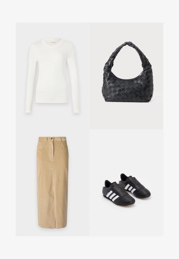 Bijela majica dugih rukava izrađena od mekanog materijala, s okruglim izrezom i prilagođenim siluetom. Minimalistički dizajn bez uzoraka ili naglašavanja.; Weekend Max Mara GHIOTTO - Velika suknja - beige; Crne nogometne cipele s gornjim dijelom od teksturirane kože, s podstavljenim prednjim dijelom, tri bijele pruge sa strane i potplatom od gume.; Crna kožna torba za rame s pletenim uzorkom, zaobljenom drškom i oblikom u obliku polumjesece na jednobojnoj pozadini.