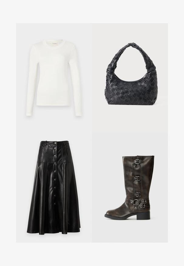 Biała koszulka z długim rękawem, wykonana z miękkiej tkaniny, z okrągłym dekoltem i dopasowanym krojem. Minimalistyczny design bez wzorów i akcentów.; Cinq à Sept VEENA czarny; Brązowe skórzane buty za kolano z wieloma klamrami, okrągłym noskiem i niskim, grubym obcasem. Posiadają fakturowane wykończenie i regulowane paski.; Czarna skórzana torebka na ramię pleciona, z okrągłym uchwytem i kształtem półksiężyca na jednolitym tle.