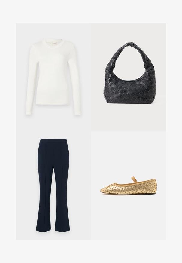 Hosszú ujjú fehér póló, puha anyagból készült, kerek nyakkivágással és testhezálló szabással. Minimalista dizájn, minta vagy kiegészítő nélkül.; Tengerészkék harangszárú nadrág, két elülső zsebbel, sima, rugalmas anyagból készült, illeszkedő derékpánttal és letisztult vonalakkal.; Loeffler Randall LEONIE SOFT BALLET FLAT - Bokapántos balerina cipők - gold; Fekete bőr, fonott válltáska lekerekített fogantyúval és hold alakú testéval egyszínű háttéren.