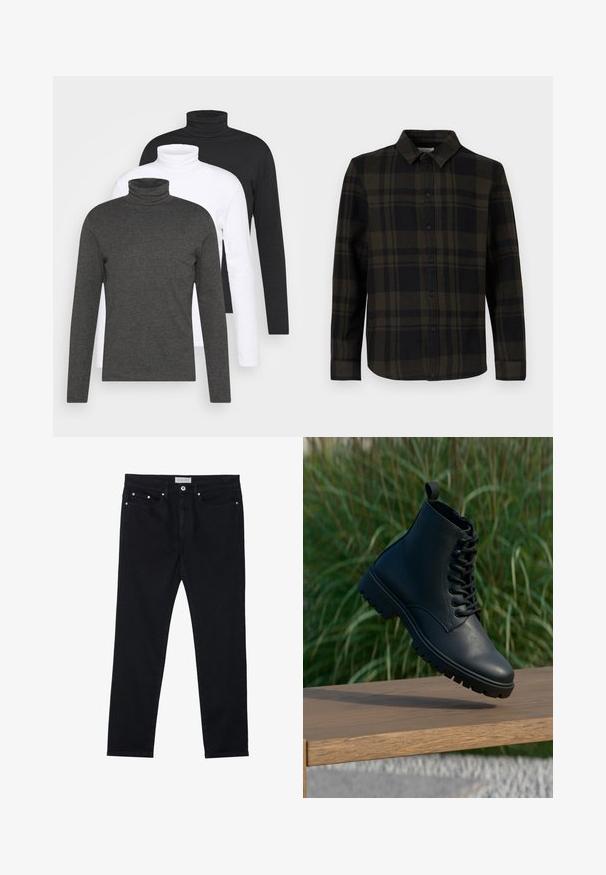 Tričko s dlhým rukávom a rolákom v tmavosivej, bielej a čiernej farbe. Vyrobené z jemnej látky s rebrovaným dizajnom roláka a priliehavými rukávmi.; Čierna a tmavozelená košeľa so vzorom kocky, vyrobená z látky, s gombíkmi vpredu, dlhými rukávmi a klasickým golierom.; Čierne denimy s rovnými nohavicami, piatimi vreckami, kovovými nitmi a zapínaním na gombík. Mäkka textúra s jemným pružením.; Čierne členkové topánky z hladkej kože. Majú šnurovací dizajn, okrúhly prst a robustnú podrážku s výrazným dezénom. Malý úchyt na päte.