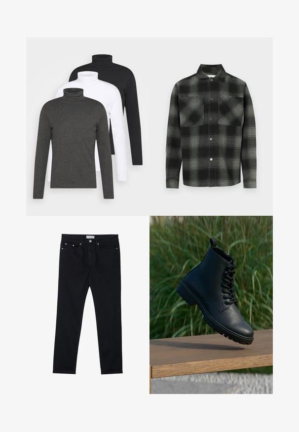 Trīs garas piedurknes ar augsto apkakli tumši pelēkā, baltā un melnā krāsā. Izgatavotas no mīksta auduma ar ribotu augsto apkakli un pieguļošām piedurknēm.; Pledraksts krekls melnu un pelēku toņu nokrāsās ar pogām priekšpusē, divām krūšu kabatām un apkakli. Izgatavots no teksturēta auduma.; Melni denim džinsi ar taisnām kājām, pieci kabatas, metāla kniedes un pogu aizdare. Mīksta tekstūra ar nelielu stiepšanos.; Melnas potītes zābaki, izgatavoti no gludas ādas. Iespējo laces dizains, apaļa purngala forma un izturīga zole ar izteiktiem rakstiem. Mazs cilpiņa uz papēža.