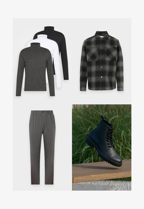 Tri dugulja s dugim rukavima u tamno sivoj, bijeloj i crnoj boji. Izrađene su od mekog materijala s rebrastim dizajnom ovratnika i pripijenim rukavima.; Karo košulja u nijansama crne i sive boje, s prednjim gumbima, dva džepa na prsima i ovratnikom. Izrađena od teksturiranog materijala.; Sivi hlače s krojem po mjeri, s elastičnim pojasom, kopčanjem na dugme i ravnim nogavicama; izrađene od mekog, teksturiranog materijala.; Crne gležnjače od glatke kože. Imaju dizajn s vezicama, okrugli vrh i čvrsti potplat s izraženim reljefom. Mali povlačni tab na peti.