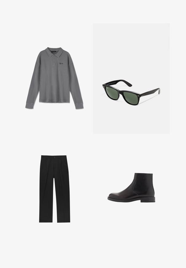 Polo à manches longues en tissu rayé gris. Il possède un col, une patte de boutonnage à trois boutons et un branding noir subtil sur la poitrine.; Pantalons noirs au design droit, fabriqués à partir d'un tissu lisse. Dotés de plis sur le devant et d'une fermeture à un bouton à la taille.; Bottine en cuir noir avec une texture lisse, bout arrondi, panneaux élastiques sur les côtés et un talon bas empilé. Design minimaliste avec des coutures discrètes.; Lunettes de soleil en plastique noir avec verres verts, monture carrée, accent argenté sur le sourcil et branches texturées. Marque indiquée sur l'intérieur de la branche.