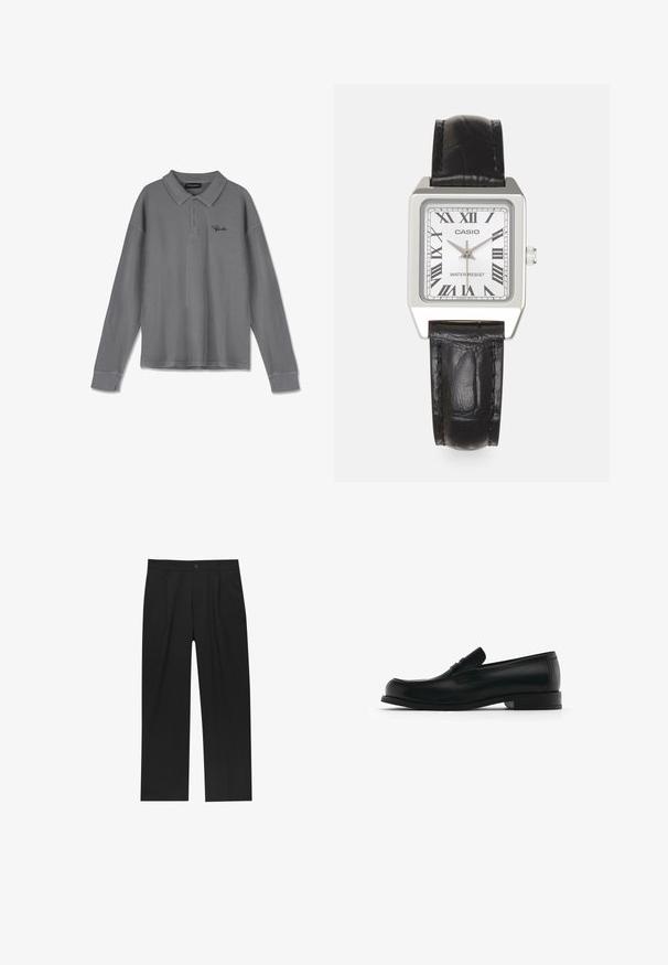 Polo a maniche lunghe in tessuto a righe grigio. Caratterizzato da colletto, patta con tre bottoni e un discreto marchio nero sul petto.; Pantaloni neri con un design a gamba dritta, realizzati in un tessuto liscio. Presentano pieghe frontali e una chiusura a un bottone in vita.; Mocassini in pelle nera con punta arrotondata, dotati di un nastro decorativo anteriore, tacco piatto e dettagli di cucitura sottili lungo i bordi.; Orologio quadrato argento con quadrante bianco, numeri romani neri e testo "RESISTENTE ALL'ACQUA". Cinturino in pelle nera con finitura testurizzata.