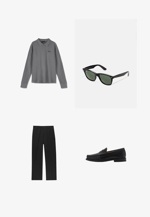 Long-sleeve polo shirt in striped grey fabric. Features a collar, three-button placket, and subtle black branding on the chest.; Black pants with a straight-leg design, made from a smooth fabric. Features front pleats and a single button closure at the waist.; Mango Smart slip-ons - black; Black plastic sunglasses with green lenses, square frames, silver accent on the brow, and textured temple arms. Stated brand on inner arm.