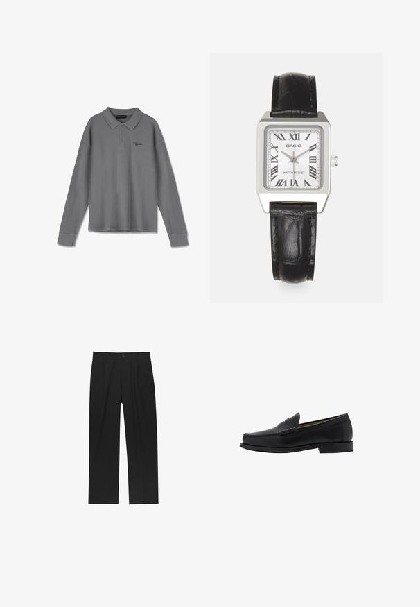 Pitkähihaiset polo-paita raidallisesta harmaasta kankaasta. Ominaisuuksiin kuuluu kaulus, kolmen napin etuvetoketju ja huomaamaton musta brändäys rinnassa.; Mustat housut suoranlahkeisella muotoilulla, valmistettu sileästä kankaasta. Ominaisuuksiin kuuluu etupleateet ja yksi nappikiinnitys vyötäröllä.; Mango Puvunkengät - black; Harmaa neliön muotoinen kello, jossa on valkoinen kellotaulu, mustat roomalaiset numerot ja teksti "VEDENKESTÄVÄ". Musta nahkaranneke, jossa on teksturoitu pinta.