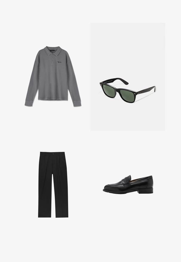 Langarm-Polohemd aus gestreiftem grauem Stoff. Verfügt über einen Kragen, eine Drei-Knopf-Leiste und dezente schwarze Markenkennzeichnung auf der Brust.; Schwarze Hose mit geradem Schnitt, aus einem glatten Stoff gefertigt. Verfügt über Vorderfalten und einen einzelnen Knopfverschluss an der Taille.; Schwarze Leder-Löcher mit genähtem Vorderteil und flachem Absatz. Glatte Textur mit runder Zehenform und einem dekorativen Riemen über dem Spann.; Schwarze Plastiksonnenbrille mit grünen Gläsern, quadratischen Rahmen, silbernem Akzent auf der Augenbraue und strukturierten Bügeln. Angegebene Marke auf dem inneren Bügel.