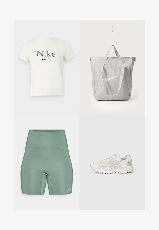 T-shirt court à manches courtes blanc avec le texte "Nike" en marron et un logo de swoosh Nike en imprimé léopard sur la poitrine.; Shorts de sport taille haute d'une couleur vert atténué. Fabriqués en matériau lisse et extensible avec des coutures plates et un accent de logo réfléchissant.; Baskets blanches en matériaux synthétiques et en maille. Présentent un design texturé, un col rembourré et des accents géométriques sur le talon.; Sac fourre-tout gris avec des poignées renforcées, poche zippée à l'avant et logo Swoosh Nike blanc. Fabriqué en tissu durable avec une texture lisse.