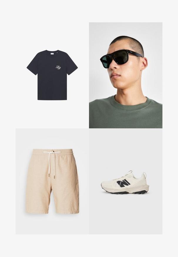 Námořnická modrá bavlněná tričko s kulatým výstřihem, krátkými rukávy a malým bílým logem "LD" na levém prsu. Klasický boxy střih.; Béžové lněné šortky s elastickým pasem, nastavitelnou šňůrkou a bočními kapsami. Hladká textura, délka ke kolenům, minimální detaily.; Svetle béžové tenisky s mřížkovou svrchní částí, černým logem a texturovanou podešví. S důrazem na geometrický vzor na mezipodešvi.; Černé obdélníkové sluneční brýle s tmavými skly, které mají charakteristický tvar a logo na straně. Nosí je osoba v zelené košili.