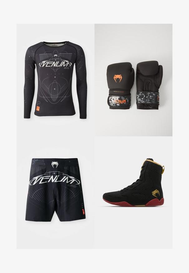 Langärmliges schwarzes Sporthemd, strukturiertes Gewebe, taillierter Schnitt, mit weißen grafischen Mustern und einem orangefarbenen Logoetikett am Saum.; Schwarze Badehosen mit glanzendem Finish, ausgestattet mit grafischen Designs in Weiß und Hellblau, einem Markenlogo und einem kontrastierenden roten Etikett.; Hochschuh-Sportschuh aus schwarzem Mesh und synthetischem Material, mit strukturierten Akzenten, roter Gummisohle und goldenen Details am Knöchel.; Schwarze Boxhandschuhe mit matter Oberfläche und ergonomischem Design. Orangefarbene Logodetails und armeeähnlich gemusterte Handgelenkriemen.