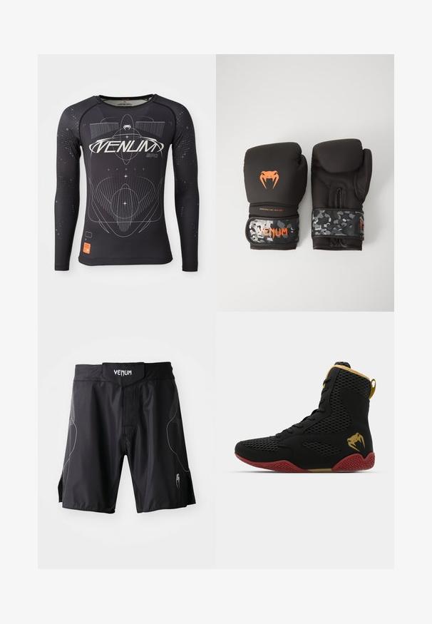 Pitkähihaine musta urheilupaita, tekstuurioloinen kangas, istuva malli, jossa on valkoisia graafisia kuvioita ja oranssi logo-tunnus helmassa.; Mustat Venum-urheilushortsit leveällä vyötärönojalla, tarranauhalla varustettu vetskari ja hillityt harmaat yksityiskohdat sivuilla sekä alajalka-alueella.; Korkokenkä urheilukenkä, jossa on mustaa verkkoa ja synteettistä materiaalia, teksturoituja yksityiskohtia, punainen kumipohja ja kultaiset yksityiskohdat nilkassa.; Mustat nyrkkeilyhanskat, joissa on mattapinta ja ergonominen muotoilu. Oranssit logot yksityiskohtina ja maastokuvioidut rannekkeen hihnat.