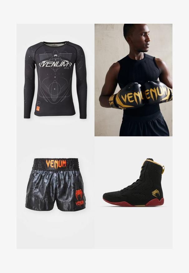 Langermet svart sportsskjorte, teksturert stoff, tettsittende design, med hvite grafiske mønstre og oransje logoetikett på kanten.; Svart sateng bokseshorts med kamuflasjemønster, med elastisk midje og lys orange "VENUM"-logo på fronten.; Høy topp idrettssko med svart mesh og syntetisk materiale, teksturerte detaljer, rød gummisåle og gullfarge på ankelen.; Sorte boksehansker med gullakenter og "VENUM" merke. Atleten har på seg en ermeløs svart topp som fremhever en muskuløs fysikk.