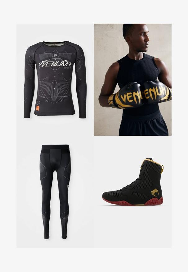 Langærmet sort sports T-shirt, tekstureret stof, tætsiddende design, med hvide grafiske mønstre og orange logo etikette på kanten.; Sorte atletiske leggings lavet af strækbart materiale, med en bred talje, mesh-paneler og reflekterende detaljer langs siderne.; Høj-top atletisk sko med sort mesh og syntetisk materiale, teksturerede accenter, rød gummisole og gulddetaljer ved anklen.; Sorte boksehandsker med guld accenter og "VENUM" branding. Atleten bærer en ærmeløs sort top, der fremhæver en muskuløs fysik.