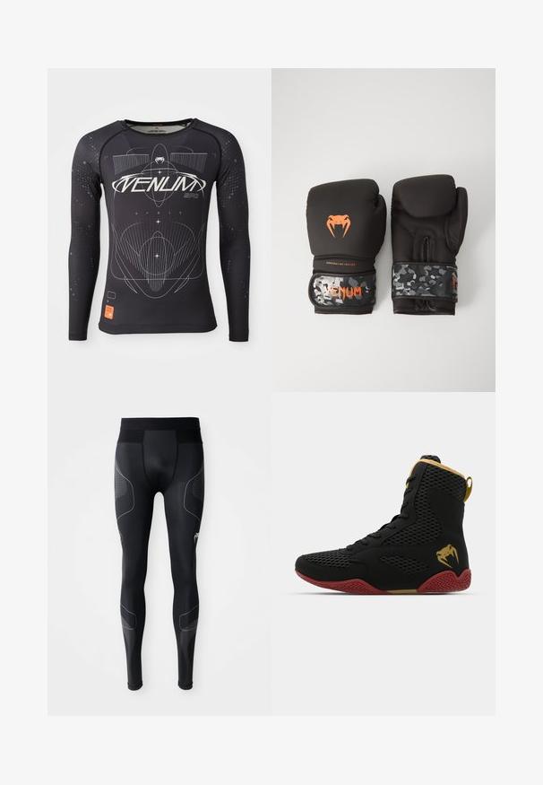 Langermet svart sportsskjorte, teksturert stoff, tettsittende design, med hvite grafiske mønstre og oransje logoetikett på kanten.; Svarte trenings leggings laget av elastisk materiale, med bred midjebånd, mesh paneler og reflekterende detaljer langs sidene.; Høy topp idrettssko med svart mesh og syntetisk materiale, teksturerte detaljer, rød gummisåle og gullfarge på ankelen.; Svarte boksinghansker med matt finish og ergonomisk design. Oransje logo-detaljer og håndleddsstropper med kamuflasjemønster.