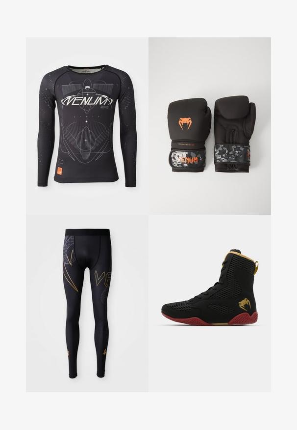 Maglietta sportiva nera a maniche lunghe, in tessuto texturizzato, design aderente, con motivi grafici bianchi e etichetta logo arancione sull'orlo.; Leggings sportivi neri con una texture liscia, dotati di dettagli dorati e un design grafico sulle gambe. Vita elasticizzata per il massimo comfort.; Scarpa sportiva alta in mesh nero e materiale sintetico, con dettagli testurizzati, suola in gomma rossa e rifiniture dorate sulla caviglia.; Guanti da boxe neri con finitura opaca e design ergonomico. Dettagli del logo arancione e cinturini per il polso a motivo camouflage.
