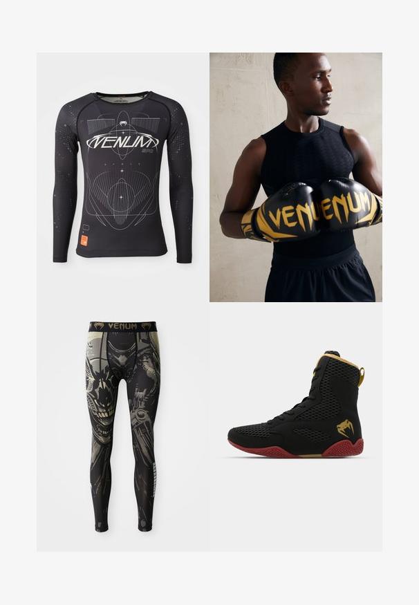 Cămașă sport neagră cu mânecă lungă, material texturat, design ajustat, cu modele grafice albe și etichetă logo portocalie pe margine.; Leggings de compresie negre și gri cu un design detaliat al unei fețe de robot sau cyborg și cu logo-ul "VENUM" pe talie.; Shoe sportiv înalt, realizat din plasă neagră și material sintetic, cu accente texturate, talpă din cauciuc roșu și detalii aurii la glezna.; Mănuși de box negre cu accente aurii și logo-ul "VENUM". Atletul poartă un tricou negru fără mâneci, evidențiind o fizică musculară.