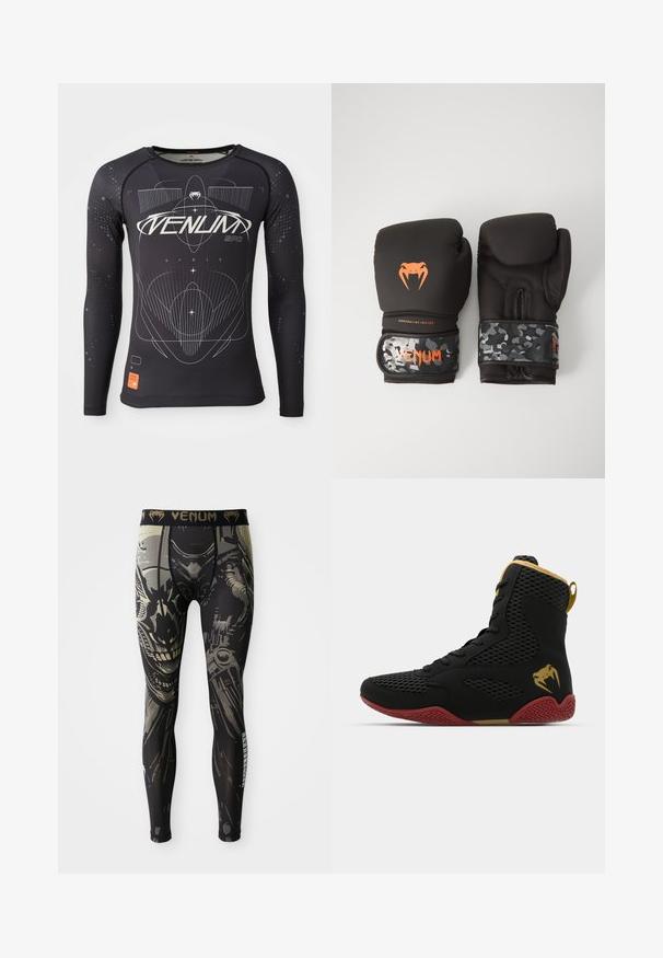 Langärmliges schwarzes Sporthemd, strukturiertes Gewebe, taillierter Schnitt, mit weißen grafischen Mustern und einem orangefarbenen Logoetikett am Saum.; Schwarze und graue Kompressionsleggings mit einem detaillierten Roboter- oder Cyborg-Gesichtdesign und dem "VENUM"-Logo am Bund.; Hochschuh-Sportschuh aus schwarzem Mesh und synthetischem Material, mit strukturierten Akzenten, roter Gummisohle und goldenen Details am Knöchel.; Schwarze Boxhandschuhe mit matter Oberfläche und ergonomischem Design. Orangefarbene Logodetails und armeeähnlich gemusterte Handgelenkriemen.