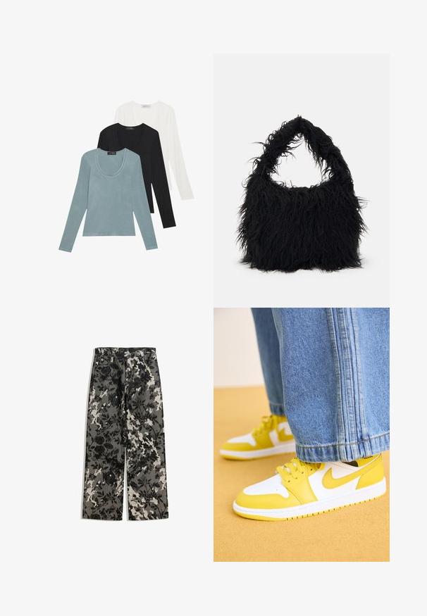 Tri dolgi rokavi v svetlo modri, črni in beli barvi. Oblika vključuje okroglo izrez in mehak, lahek tekstil.; Srednje visoke hlače širokih nogavic z teksturiranim črno-belem cvetličnem vzoru na sivi podlagi, ki imajo klasičen pas in sprednje žepe.; Jordan AIR JORDAN 1 MID - Visoki športni copati - white/vivid sulfur/black; Even&Odd Torba za nakupovanje - black