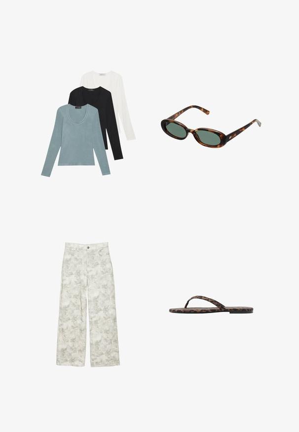 Trzy bluzki z długim rękawem w kolorze jasnoniebieskim, czarnym i białym. Projekt ma okrągły dekolt i miękką, lekką teksturę materiału.; Białe dżinsy o szerokich nogawkach z subtelnym kwiatowym wzorem w odcieniach szarości i jasnej zieleni, z pięcioma kieszeniami i zamknięciem na srebrny guzik.; Sandały na płaskiej podeszwie w panterkę, z cienkimi paskami i gładką fakturą. Charakteryzują się wyraźnymi czarnymi i brązowymi wzorami na materiale.; Okulary przeciwsłoneczne w kolorze tortoise z owalnymi oprawkami i zielonymi soczewkami. Posiadają cienkie zauszniki z metalowym akcentem przy zawiasach.; Even&Odd - Torba na zakupy