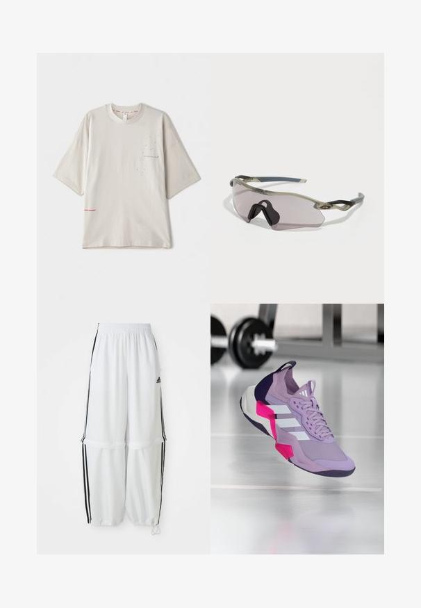 Hele hallikas suur T-särk lühikeste varrukatega, millel on rinnal väike must trükk ja hemil punane logo. Pehme puuvillane materjal.; Valged sportlikud püksid, mille lõige on vabalt langev, elastse vöökoha ja mustade külgribadega. Omavad lukuga taskuid ja elastseid mansette pahkluude juures.; Lilla sportjalats, millel on võrgust pealne, valged triibud, roosa ja musta aktsentidega, pehmendatud kaelus ja tekstuurne tallaosa, disainitud jõudluse jaoks.; Prillid läbipaistva halli raami, toonitud objektiivide ja nurkadega disainiga. Omab eristuvat ninaosa ja tekstureeritud tumeda halli kõrvaklappi.