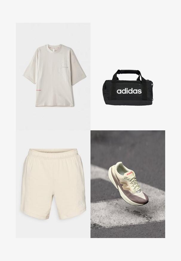 T-shirt oversize gris clair à manches courtes, avec un petit imprimé noir sur la poitrine et un logo rouge à l'ourlet. Matière en coton douce.; Shorts beige clair en tissu doux, dotés d'une taille élastique, de coutures latérales et d'un petit logo discret sur le bas de la jambe gauche.; Chaussure de sport légère avec un dessus crème et des accents marron, présentant une surface texturée, des lacets et un logo bien visible sur le côté.; Sac de sport noir avec logo Adidas blanc, fabriqué en tissu durable. Il dispose de deux poignées et d'une fermeture zippée. Fini texturé avec un fond renforcé.