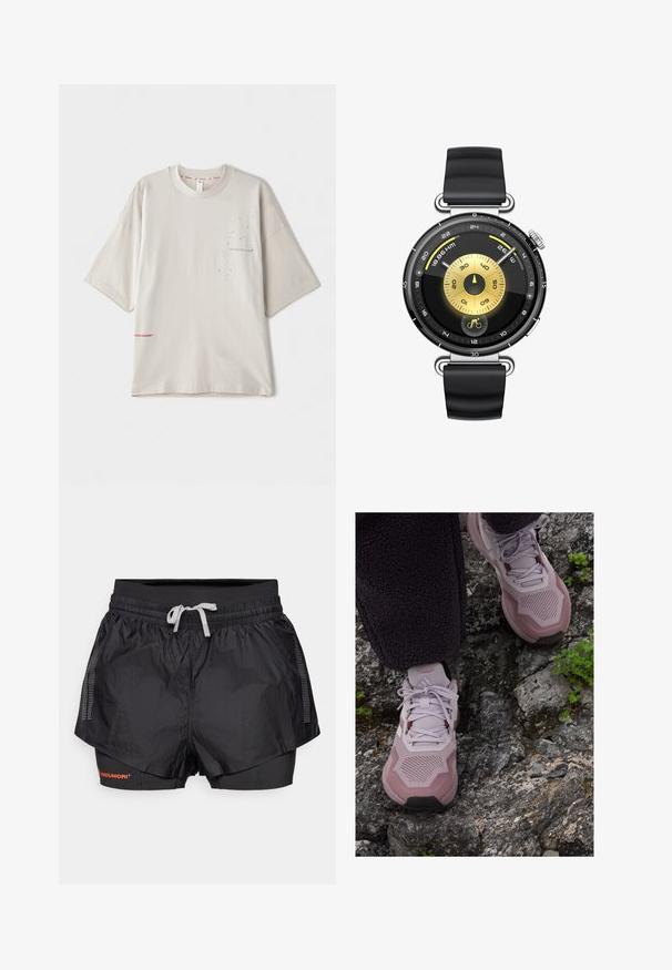Light gray oversized T-shirt with short sleeves, featuring a small black print on the chest and a red logo at the hem. Soft cotton material.; Black athletic shorts with a textured outer layer, mesh paneling, and an inner fitted layer. Features an elastic waistband with a drawstring.; Light purple athletic shoes with a textured mesh upper, reinforced toe, and rubber outsole, positioned on rocky terrain with green accents.; Black silicone strap watch with a round black and gold face, featuring a central dial and various measurement indicators, including a cycling icon.