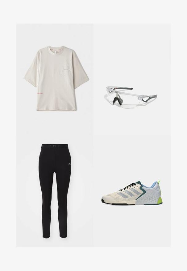 Svetlošedé voľné tričko s krátkymi rukávmi, s malým čiernym potlačou na hrudi a červeným logom na leme. Jesť jemná bavlna.; Čierne legíny vyrobené z elastického materiálu, s širokým pásom so vyrazeným logom a zakrivenými švami na nohách.; Ľahké atletické topánky s krémovým sieťovinovým zvrškom, sivými pruhmi, zeleným akcentom a štruktúrovaným modrým pätovým oporom. Čierne šnúrky.; Priehľadné bezpečnostné okuliare s ľahkým, transparentným rámom a sivými akcentmi. Majú obopínajúci dizajn a nastaviteľný nosník.