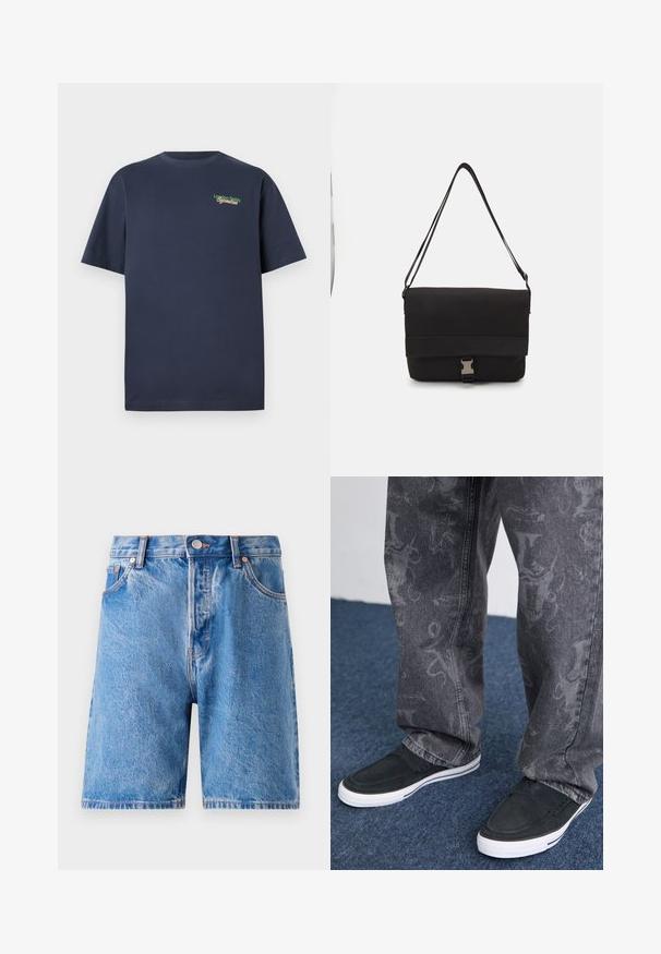 Navy blue short-sleeve cotton T-shirt with "London Fields Superstore" embroidered in green and red on the upper left chest.; Denim shorts in light blue with a faded wash. Features classic five-pocket design, button closure, and copper-tone rivets.; Black slip-on shoes with white sole, textured, paired with grey jeans featuring a subtle patterned design, set against a blue carpet background.; Black messenger bag made of smooth material, featuring a fold-over flap, silver clasp hardware, and an adjustable shoulder strap.