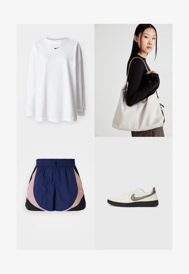 T-shirt branca de manga longa, feita de algodão, com decote redondo e um pequeno logo preto da Nike no peito. Design simples, corte relaxado.; Calções de desporto Nike com um cós elástico, apresentando painéis em azul marinho, rosa e preto. Feitos de um tecido leve e texturizado.; Nike Sportswear FIELD GENERAL - Sapatilhas - off-white/black; Uma bolsa bege feita de material macio, com um design descontraído, detalhes de costura e duas alças para o ombro. Adequada para uso diário.