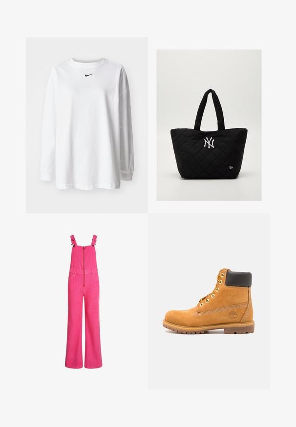 Bjela dugih rukava majica od pamuka, s okruglim izrezom i malim crnim Nike logotipom na prsima. Jednostavan dizajn, ležeran kroj.; Svijetloružičaste široke kombinezonske hlače od kordura s podesivim naramenicama, prednjim zipperom i bočnim džepovima, prikazane na bijeloj pozadini.; Smeđe kožne gležnjače s crnim podstavama, zlatnim umetkom i teksturiranim potplatom. Imaju kružni logo sa strane i šavove kao naglaske.; Crna torba s kvadratnim uzorkom i dvostrukim ručkama, s bijelim logotipom New York Yankees i malim simbolom marke s strane.