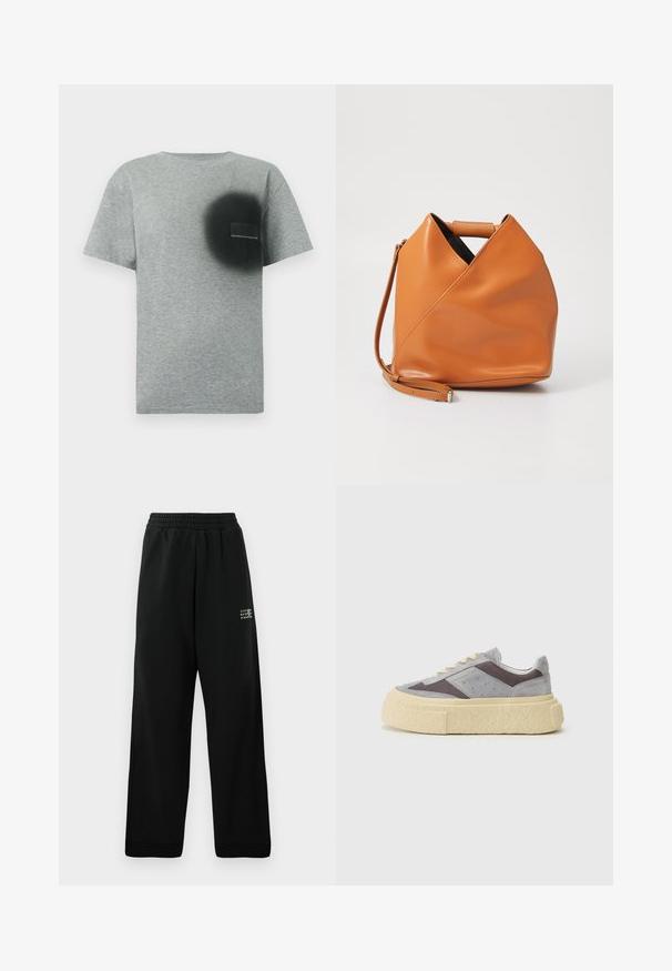 Šedé tričko s krátkým rukávem s černým kruhovým motivem ve spreji a malou obdélníkovou nášivkou na levé části hrudi.; Černé tepláky z měkké látky, s volným střihem, elastickým pasem a malým bílým potiskem loga na boku.; Šedé semišové tenisky s síťovanými panely, krémovou podrážkou a kulatou špičkou. Vybavené béžovými tkaničkami a jemnými perforacemi po stranách.; Hnědá kožená kabelka s unikátním trojúhelníkovým skladem, horním uchem a odnímatelným ramenním popruhem na bílém pozadí.