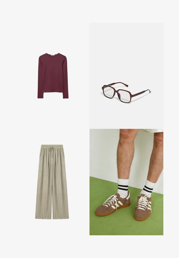 Langarmshirt in Burgunderrot, aus weichem Stoff gefertigt. Mit Rundhalsausschnitt und geradem Schnitt, der hinten etwas länger ist.; Hellgraue, weit geschnittene Hose mit elastischem Bund, Kordelzug und seitlichen Taschen. Der strukturierte Stoff weist dezente vertikale Streifen auf.; Braune Wildleder-Sneaker mit weißen Akzenten und Schnürsenkeln. Gummisohle in Kautschuk-Optik. Getragen mit weißen Socken, die schwarze Streifen haben. Grüner strukturierter Fußboden.; Braune, rechteckige Brille mit transparenten Gläsern und lila Tönungen. Glatter Kunststoffrahmen mit geraden Bügeln und dezenten Akzenten.