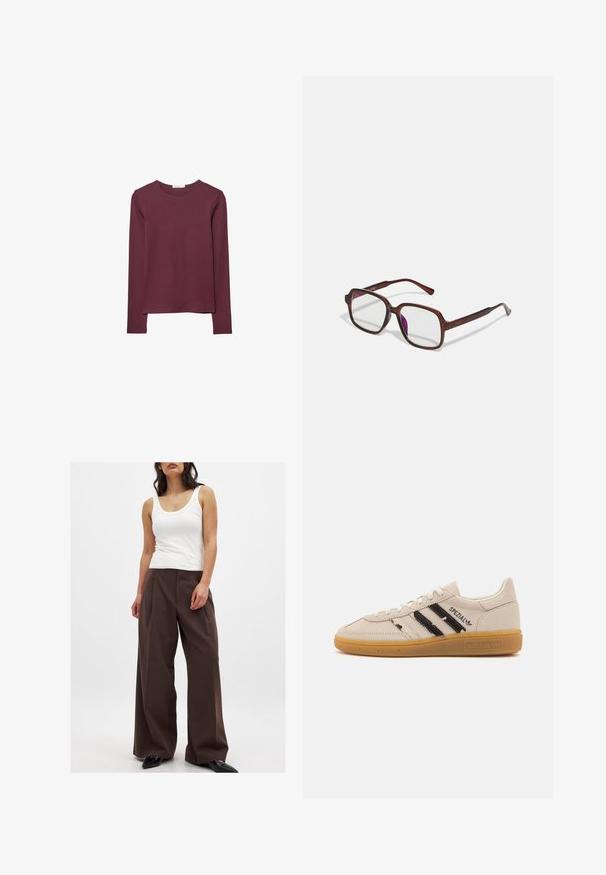 Langarmshirt in Burgunderrot, aus weichem Stoff gefertigt. Mit Rundhalsausschnitt und geradem Schnitt, der hinten etwas länger ist.; Braune weit geschnittene Hosen mit glatter Textur, die eine hohe Taille und einen gebügelten Falten haben; kombiniert mit einem weißen Tanktop. Schwarze spitze Schuhe.; Beige Wildlederschuh mit schwarzen Streifen und "Spezial"-Text, verfügt über eine strukturierte Gummisohle und klassisches Schnürdesign.; Braune, rechteckige Brille mit transparenten Gläsern und lila Tönungen. Glatter Kunststoffrahmen mit geraden Bügeln und dezenten Akzenten.; Bordeauxfarbenes Lederhandtäschchen mit runder Form, Ketten- und Lederträger, ausgestattet mit gerafften Details und einem Reißverschluss an der Seite.; Dreizügige Halskette mit goldenen Ketten, einer silbernen Perlenreihe und einem zentralen Knoten-Detail. Mit verstellbarem Verschluss.