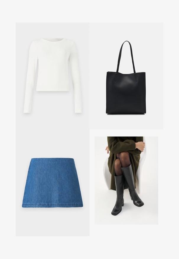 White long-sleeve ribbed top with a crew neck. Smooth texture, fitted design, and no visible patterns or accents. Simple and minimalist style.; Denim mini skirt in a medium blue tone, featuring a classic A-line shape, clean hem, and no visible embellishments or patterns.; Knee-high black leather boots with a squared toe and block heel, shown with a model seated in an olive green coat. Smooth texture, minimal detailing.; Black leather tote bag with smooth texture, rectangular shape, and two long handles. No visible hardware or embellishments.