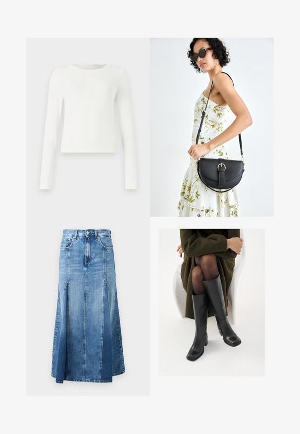 Fehér, hosszú ujjú, bordázott felső kerek nyakkal. Simább textúra, illeszkedő fazon, látható minták vagy díszítések nélkül. Egyszerű és minimalista stílus.; Denim szoknya világos és sötétkék átmenettel, térd hosszúságú, egyenes szabású, elöl hasítékokkal és klasszikus gombos, cipzáras záródással.; Térdfelett érő fekete bőr csizmák négyzet alakú orral és tömbtalppal, olajzöld kabátban ülő modellel bemutatva. Simaság, minimalista részletezés.; Fekete bőrtáska ívelt formával, levehető pánttal és arany színű fémrészekkel. A táskán egy csattal díszített fedél található.