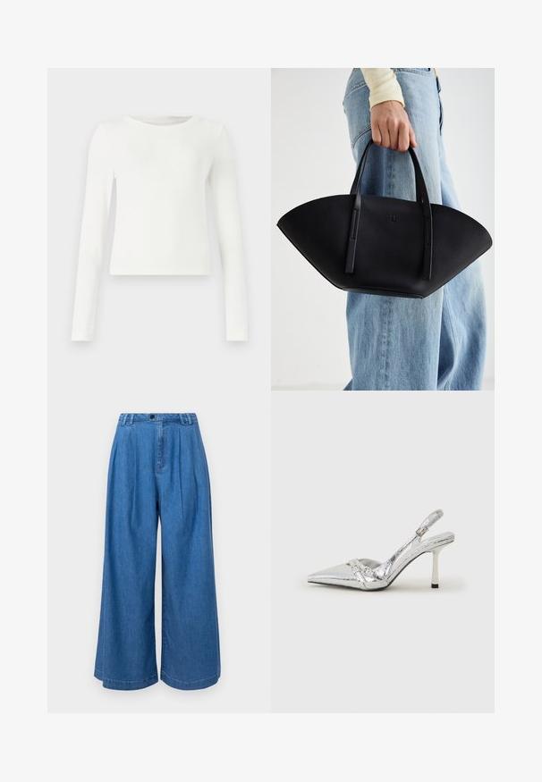 Bela dolga majica s kratkimi rokavi iz rebraste tkanine s krožnim ovratnikom. Gladka tekstura, prilegajoča se zasnova in brez vidnih vzorcev ali dodatkov. Preprost in minimalističen slog.; GAP GAP X DÔEN WIDE LEG JEAN - Široke hlačnice - medium indigo; Srebrna slingback visoka peta čevlja s špičastim nosom, metalnim finišem, dvema dekorativnima trakama in tanko peto z črnim vrhom.; Črna usnjena torbica z edinstveno obliko ventilatorja, z ravnimi ročaji. Površina ima teksturo z drobnimi kamni in minimalističen dizajn.