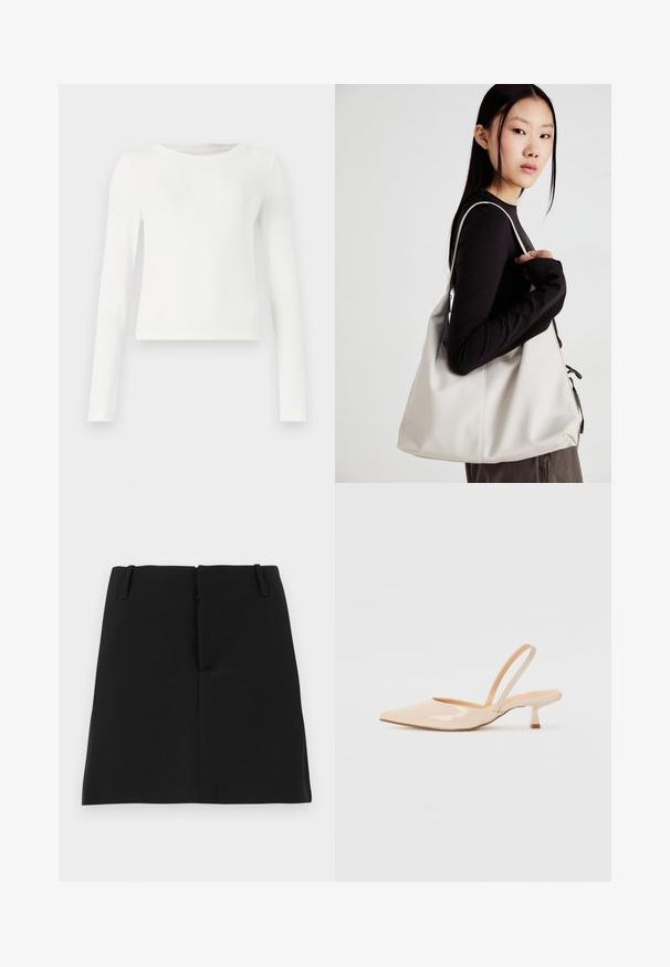 White long-sleeve ribbed top with a crew neck. Smooth texture, fitted design, and no visible patterns or accents. Simple and minimalist style.; Black mini skirt with a fitted design, featuring two front pockets and a straight hem. Made from smooth fabric with no visible patterns.; Beige patent leather slingback heels with pointed toe and a slim, square heel. Smooth texture and minimalist design with no embellishments.; Beige handbag made of soft material, featuring a slouchy design, stitched detailing, and two shoulder straps. Suitable for everyday use.