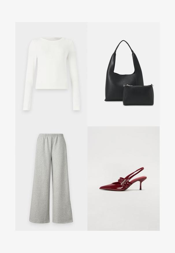 Weißes Langarmshirt mit Rippstruktur und Rundhalsausschnitt. Glatte Textur, figurbetonter Schnitt und keine sichtbaren Muster oder Akzente. Schlichter und minimalistischer Stil.; Hellgraue weit geschnittene Hose mit elastischem Bund, aus weichem, dehnbarem Stoff, mit seitlichen Schlitzen für zusätzliche Belüftung und Komfort.; Rote Lackleder Slingback-Absätze mit spitzem Zeh, zwei Schnallenriemen und einem schlanken, mittelhohen Stiletto-Absatz. Glatte Textur.; Even&Odd Handtasche - black