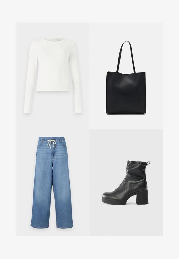 White long-sleeve ribbed top with a crew neck. Smooth texture, fitted design, and no visible patterns or accents. Simple and minimalist style.; Wide-leg denim pants in light blue. Features a drawstring waist, classic five-pocket design, and smooth texture with subtle fading.; Black ankle boots made of smooth leather, featuring a side zipper, chunky textured heel, and rounded toe design.; Black leather tote bag with smooth texture, rectangular shape, and two long handles. No visible hardware or embellishments.
